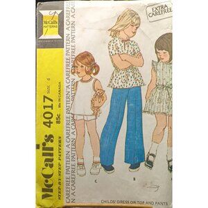 McCalls 4017 Vintage 1972 Childs Dress Or Top And Pants Sewing Pattern Size 6